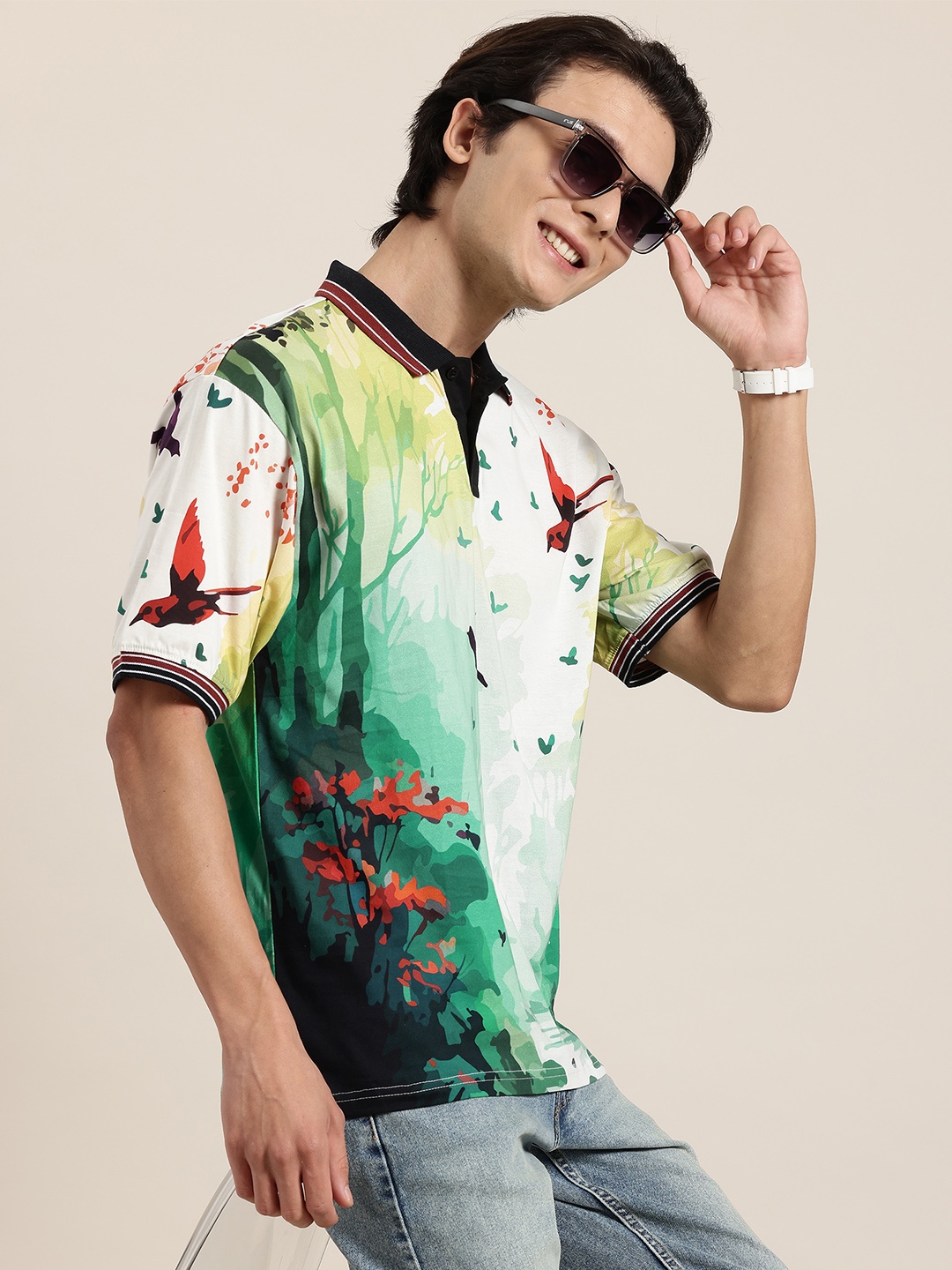 

HERE&NOW Tranquil Softscape Printed Polo Collar Pure Cotton T-Shirt, Green