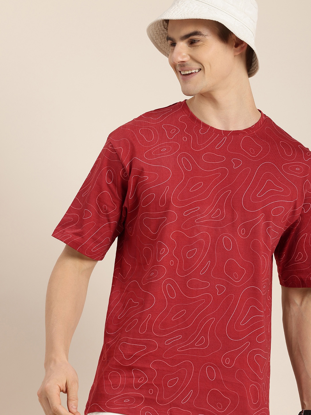 

HERE&NOW Mapped Printed Drop-Shoulder Sleeves Pure Cotton Relaxed Fit T-shirt, Rust