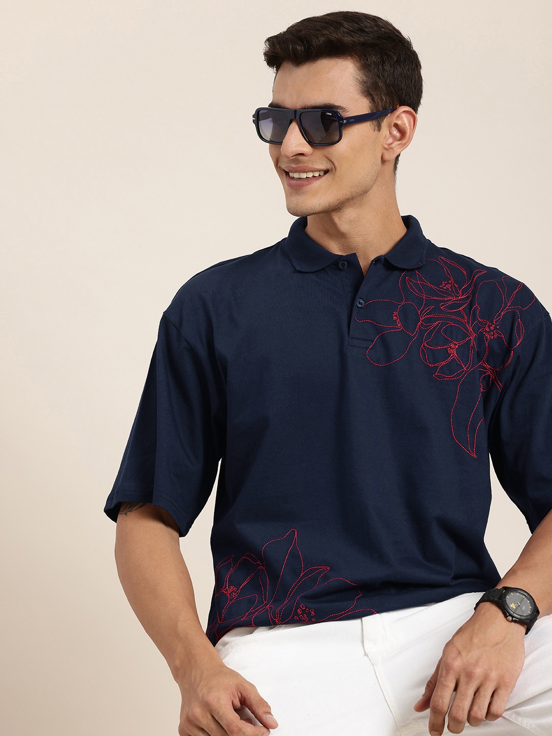 

HERE&NOW Floral Embroidered Polo Collar Drop-Shoulder Pure Cotton Oversized T-shirt, Navy blue