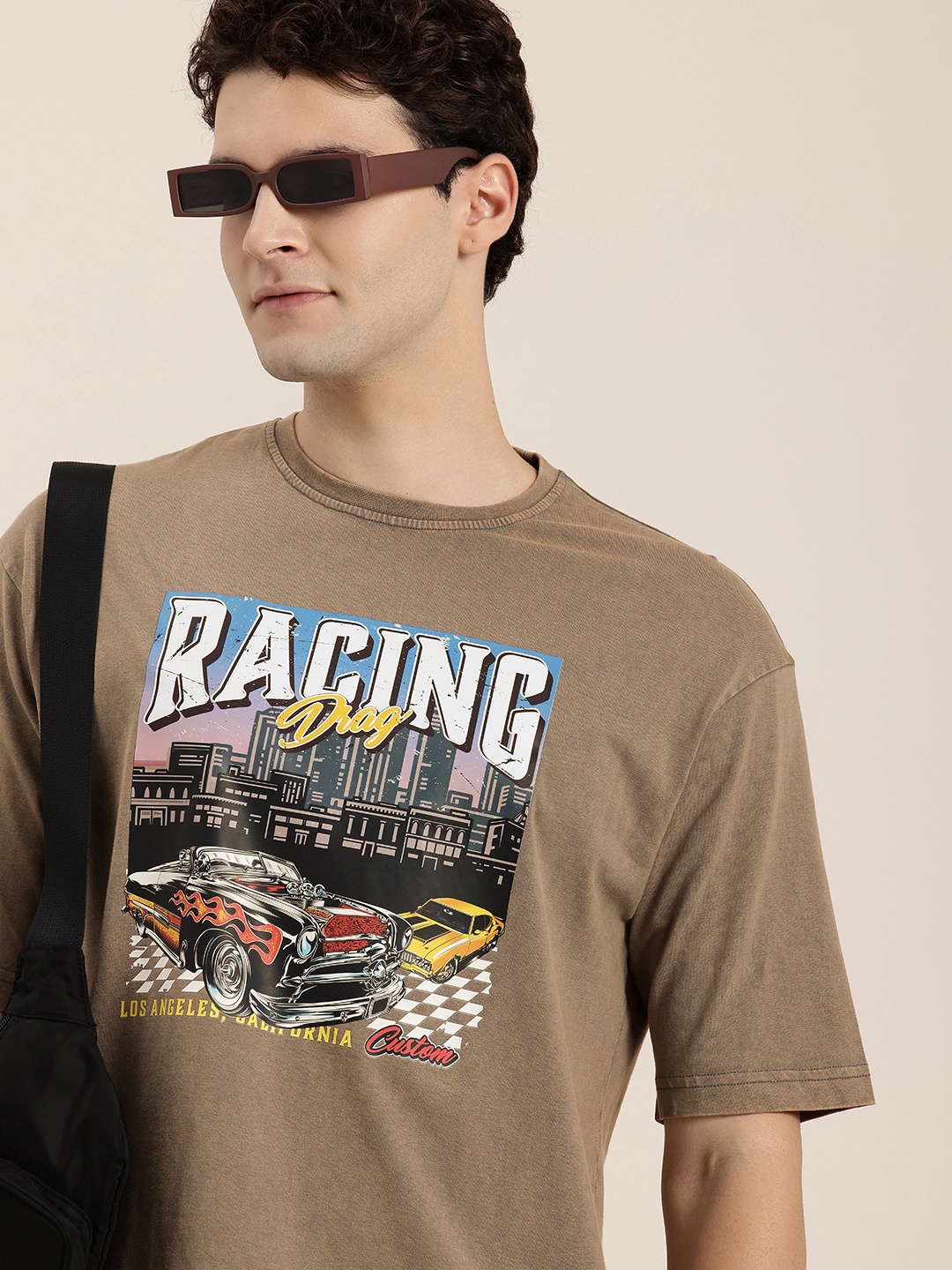 

HERE&NOW Gritty Character Graphic Printed Drop-Shoulder Sleeves Oversized Cotton Casual T-shirt, Brown