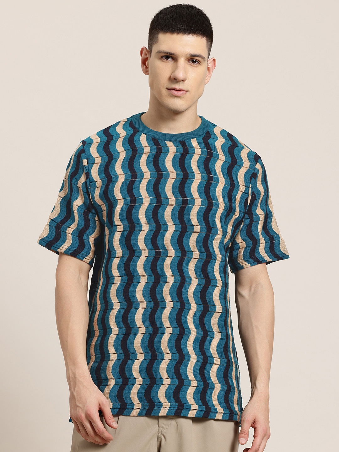

HERE&NOW Geo Knit Acrylic Oversize T-shirt, Blue