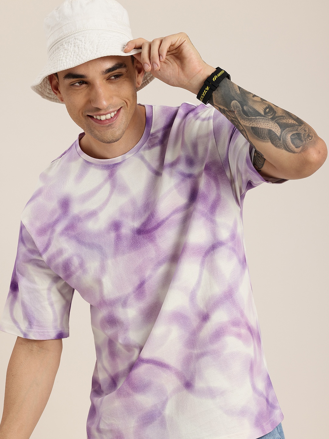 

HERE&NOW Smudged Pattern Tie and Dye Drop-Shoulder Sleeves Pure Cotton T-shirt, White