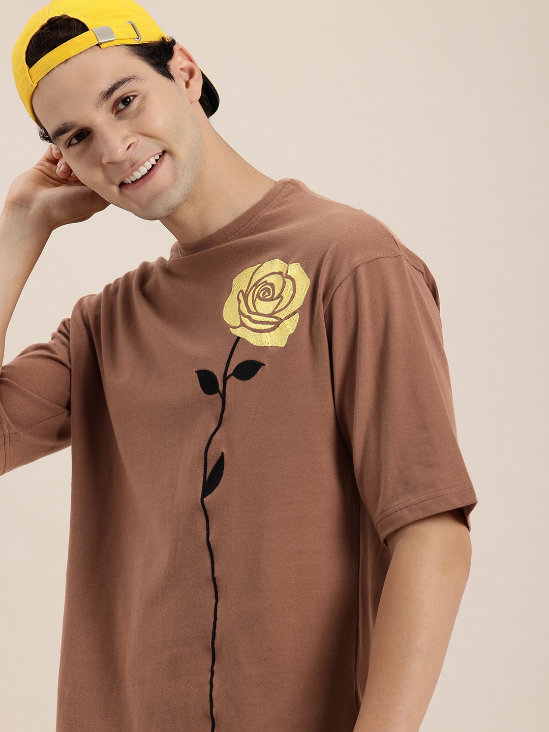 

HERE&NOW Blossom Mirage Floral Embroidered Pure Cotton Oversized T-shirt, Brown