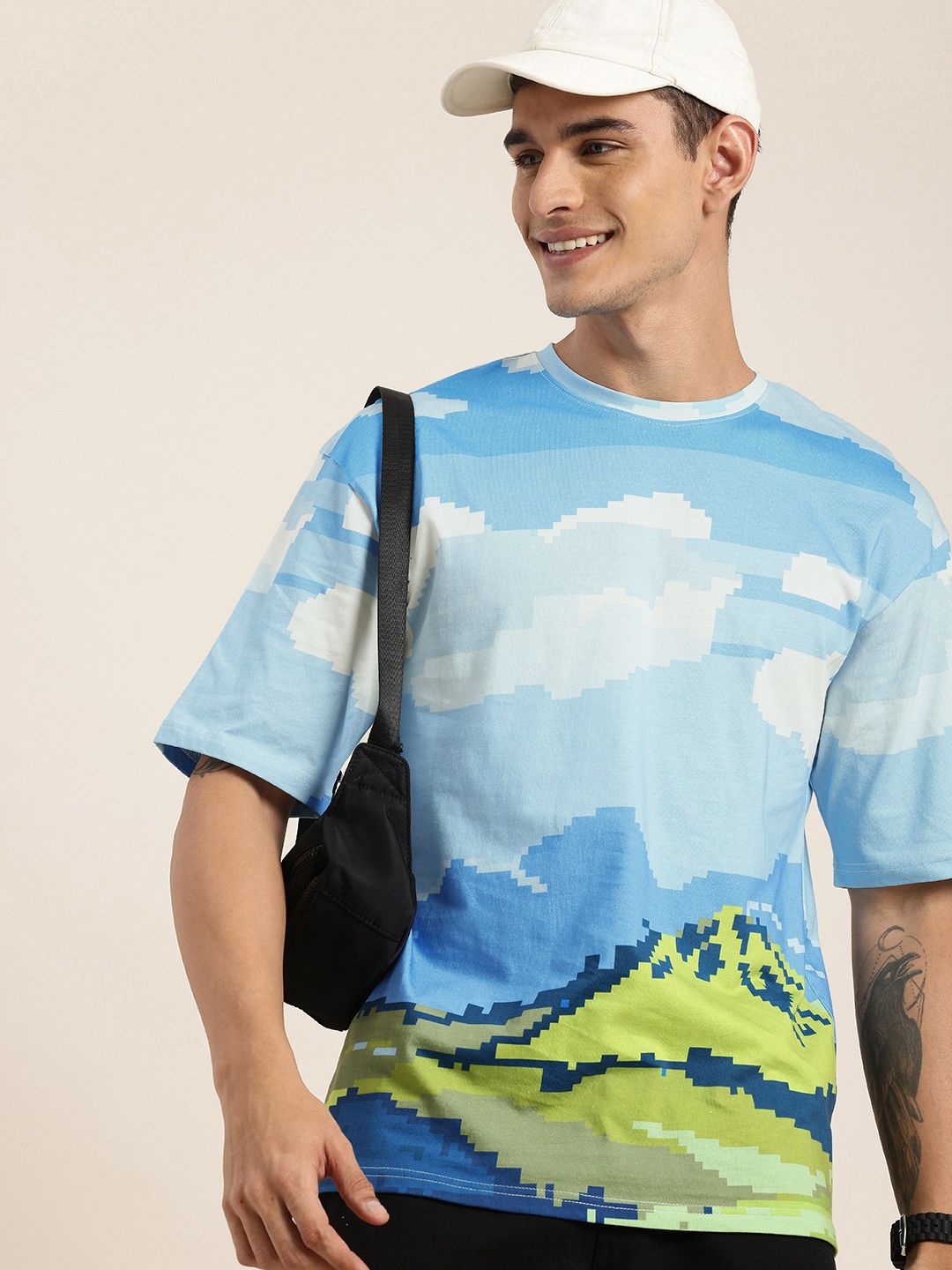 

HERE&NOW Pixel Byte Printed Drop-Shoulder Sleeves Pure Cotton Oversized T-shirt, Blue