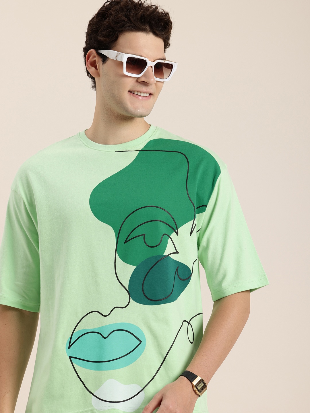 

HERE&NOW Rebellious Spirit Printed Drop-Shoulder Sleeves Pure Cotton Oversized T-shirt, Green