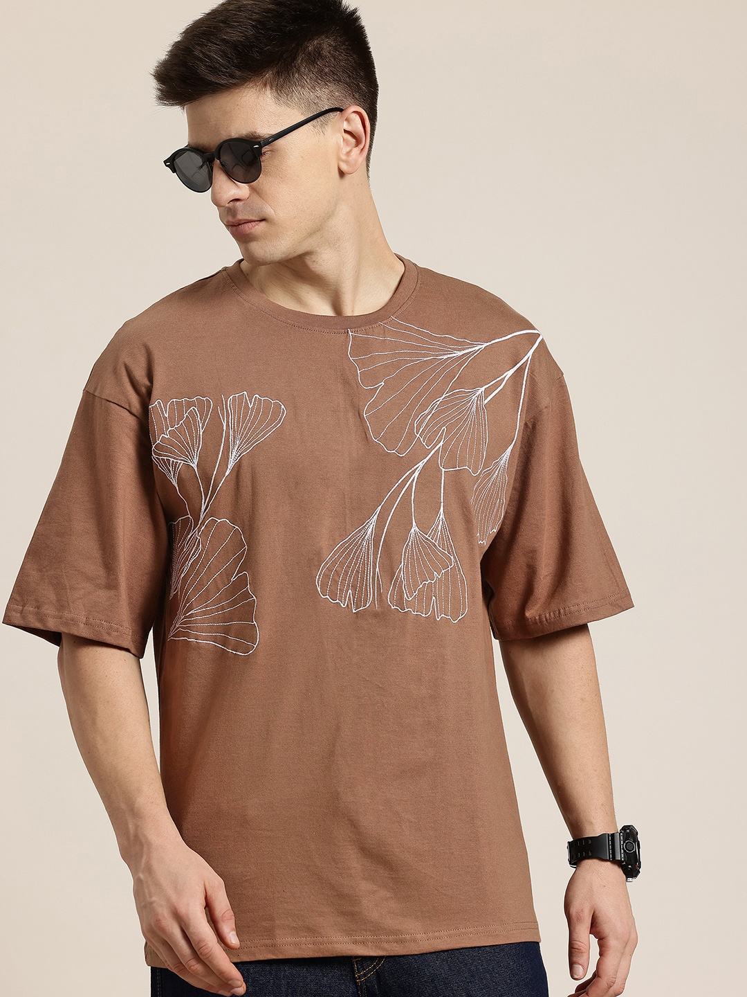 

HERE&NOW Blossom Mirage Embroidered Oversized Pure Cotton T-shirt, Brown