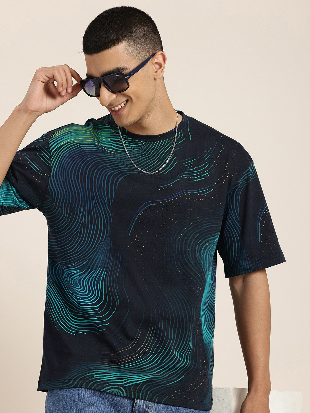 

HERE&NOW Mapped Printed Drop-Shoulder Sleeves Pure Cotton Oversized T-shirt, Black
