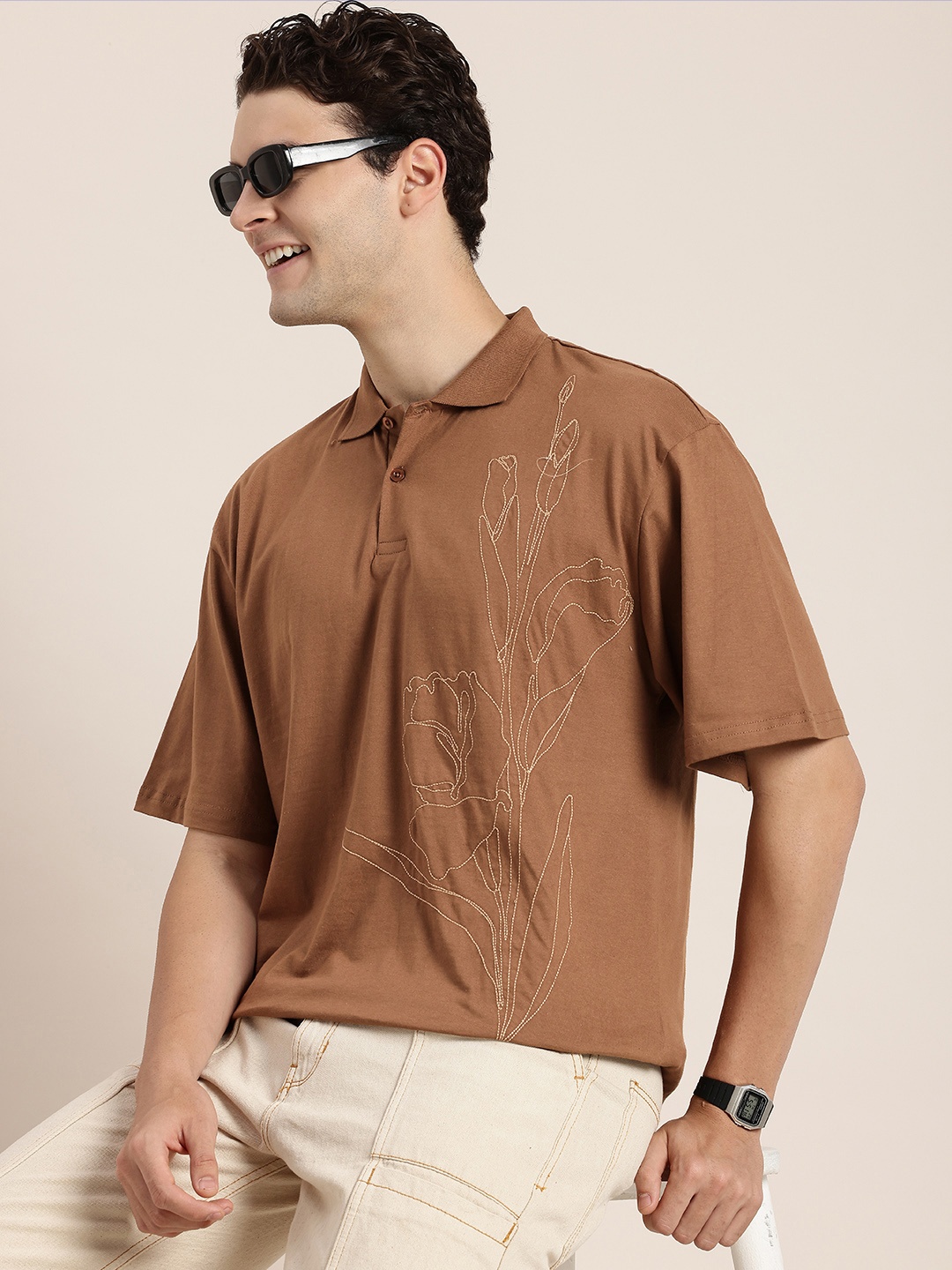 

HERE&NOW Blossom Mirage Cotton Floral Embroidered Polo Collar Relaxed T-shirt, Brown