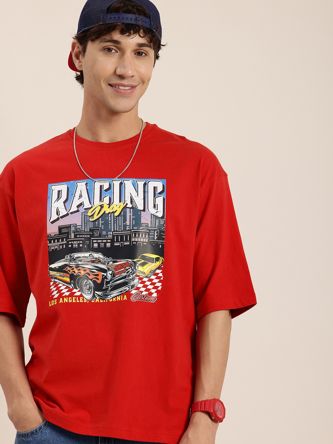 

HERE&NOW Gritty Character Graphic Printed Drop-Shoulder Sleeves Cotton Oversized T-shirt, Red