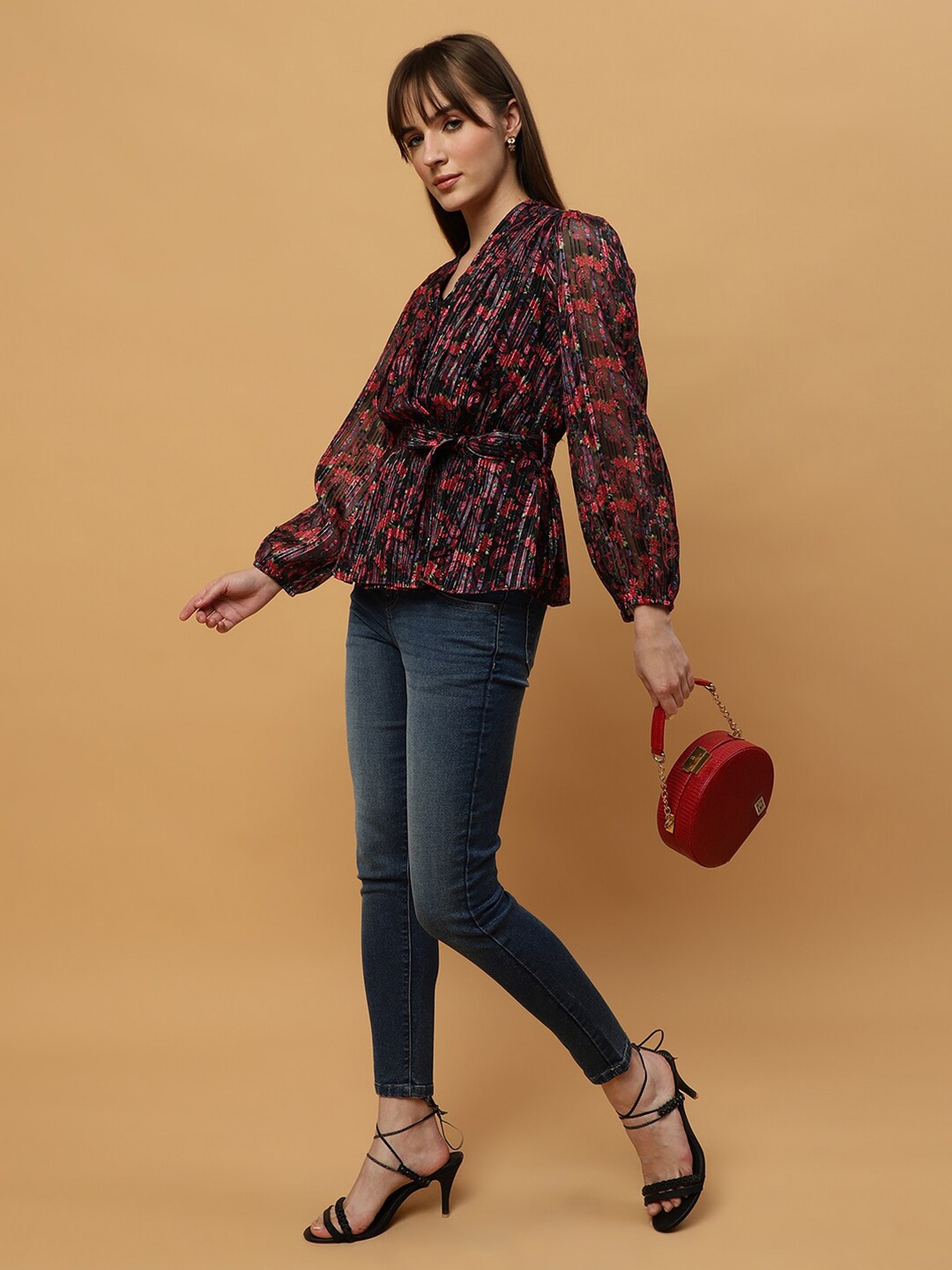 

Beatnik Floral Printed V-Neck Long Sleeves Wrap Top, Red