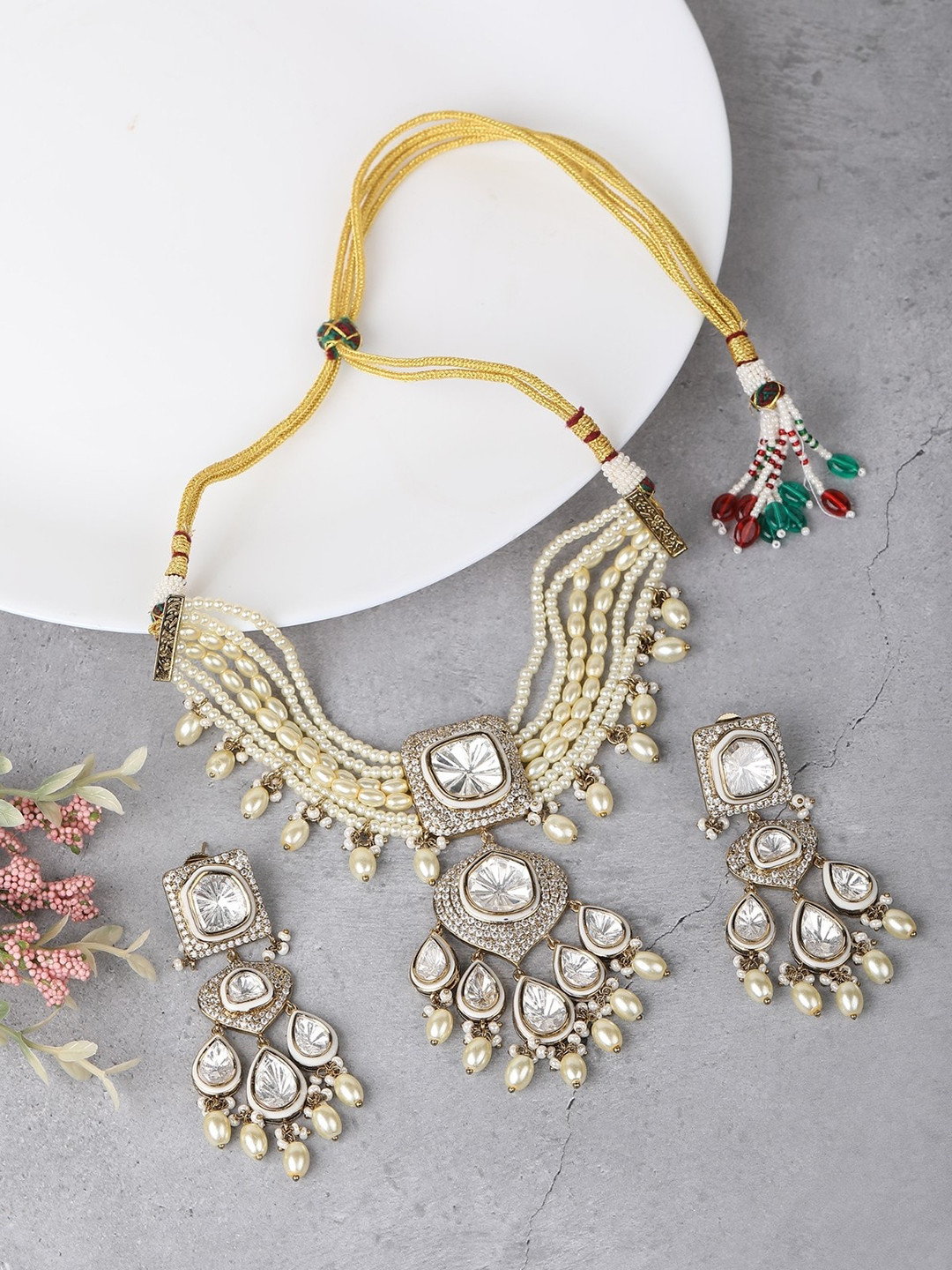 

AURAA TRENDS Rhodium-Plated Cubic Zirconia-Studded & Beaded Jewellery Set, Silver