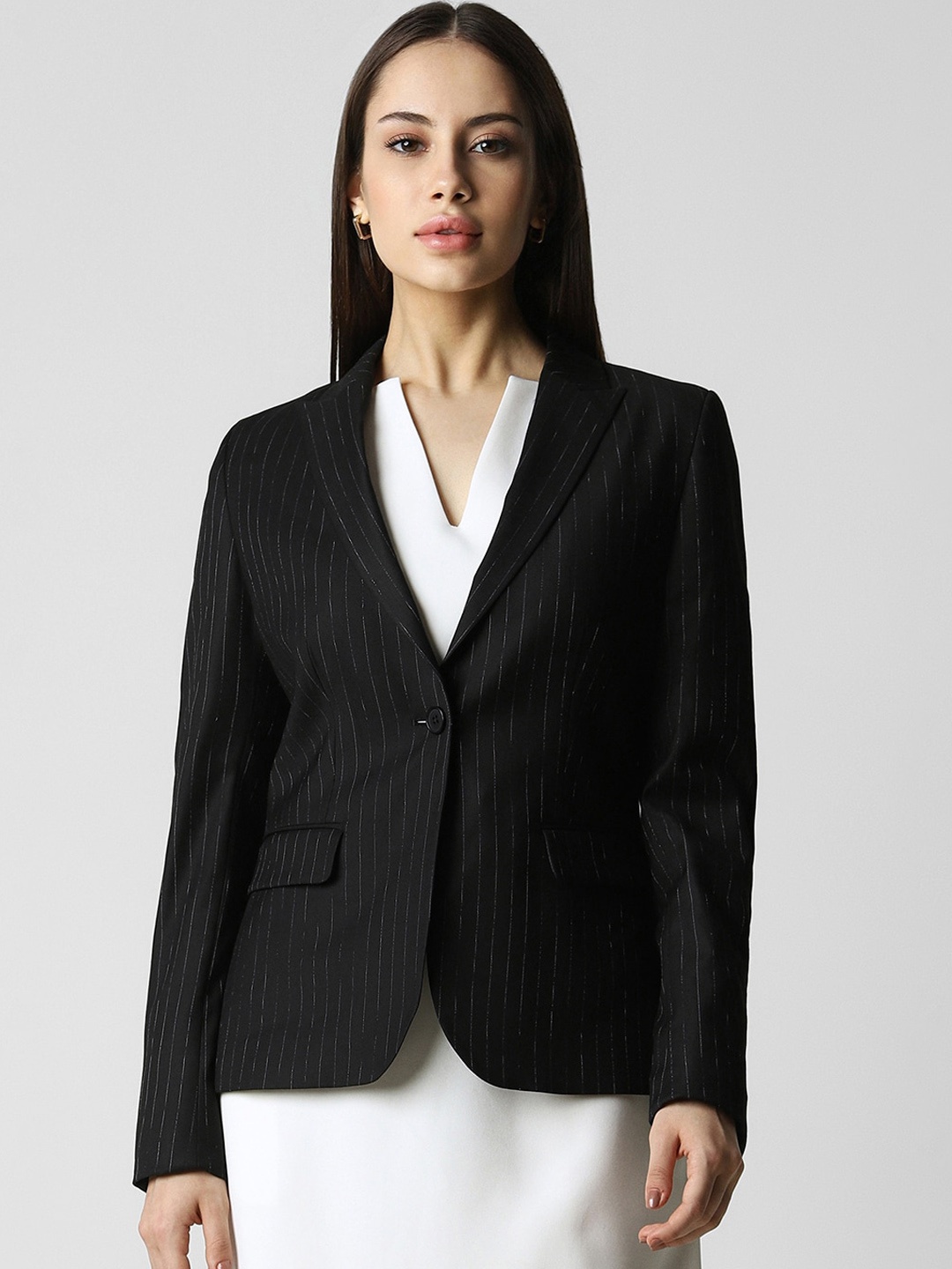 

Van Heusen Woman Striped Lapel Collar Single Breasted Formal Blazers, Black