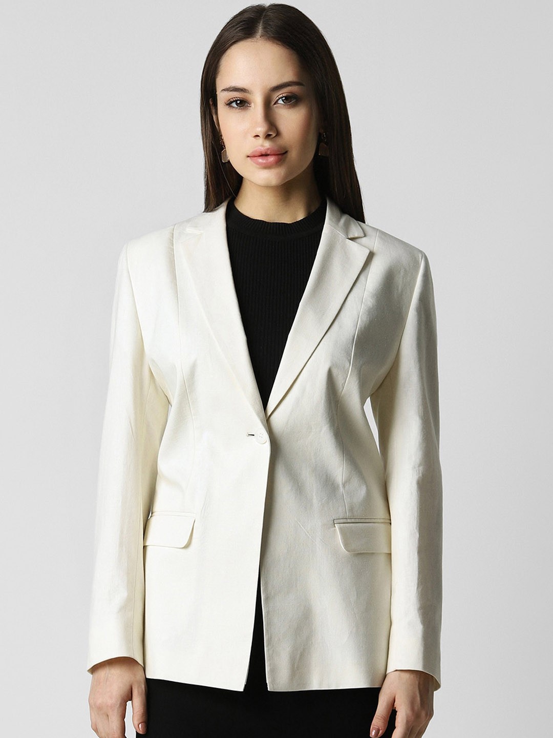 

Van Heusen Woman Notched Lapel Collar Cotton & Linen Single Breasted Formal Blazers, Cream