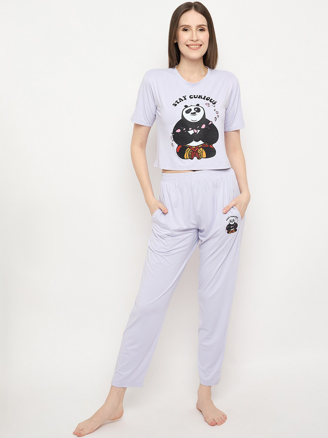 

Camey Panda Printed Cotton Crop Cotton Night Suit, Purple