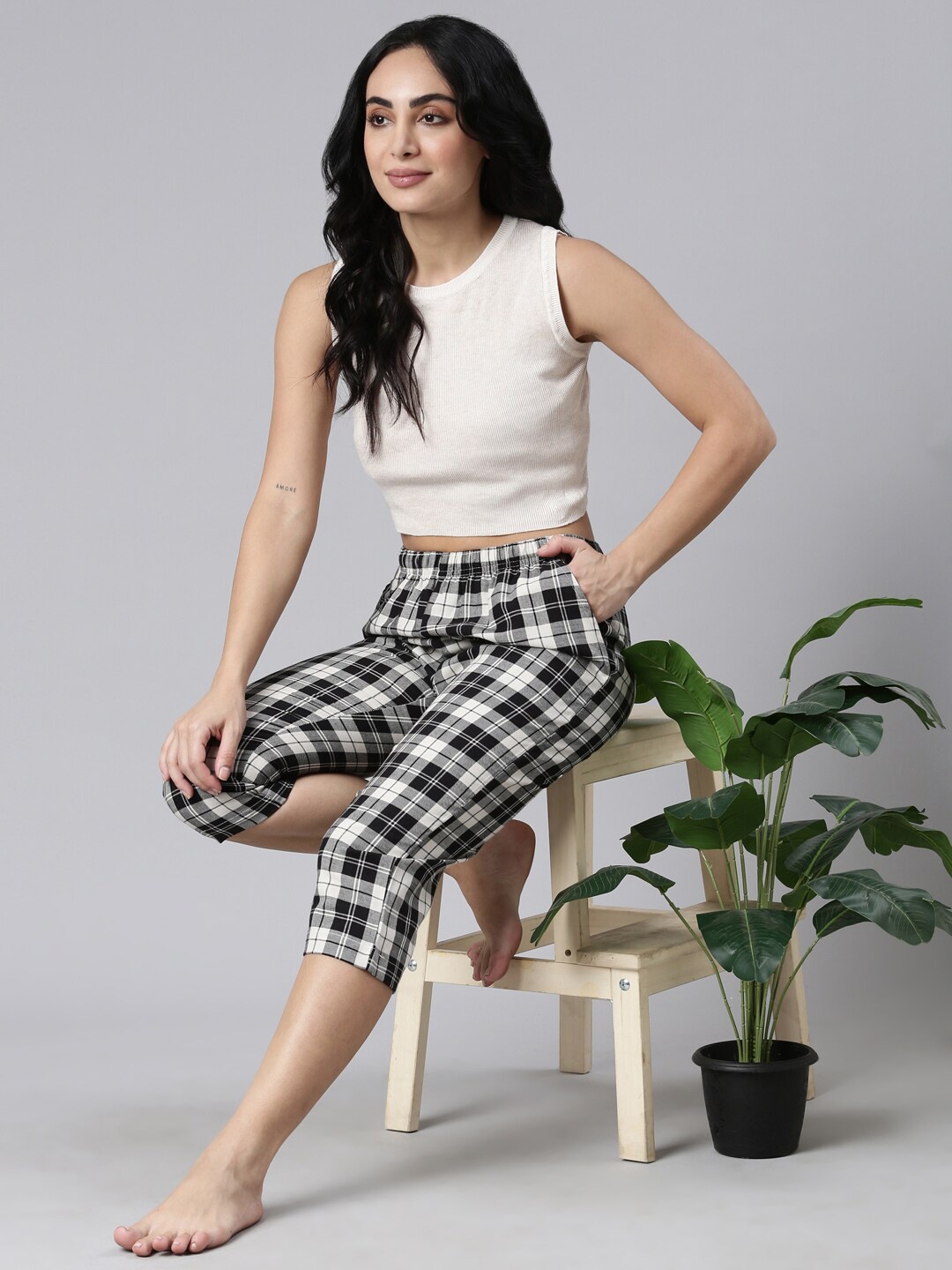 

Kryptic Women Cotton Checked Relaxed Fit Capri, Black