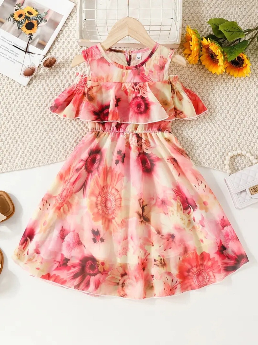 

BAESD Girls Floral Printed Cold-Shoulder Sleeves Fit & Flare Dress, Orange