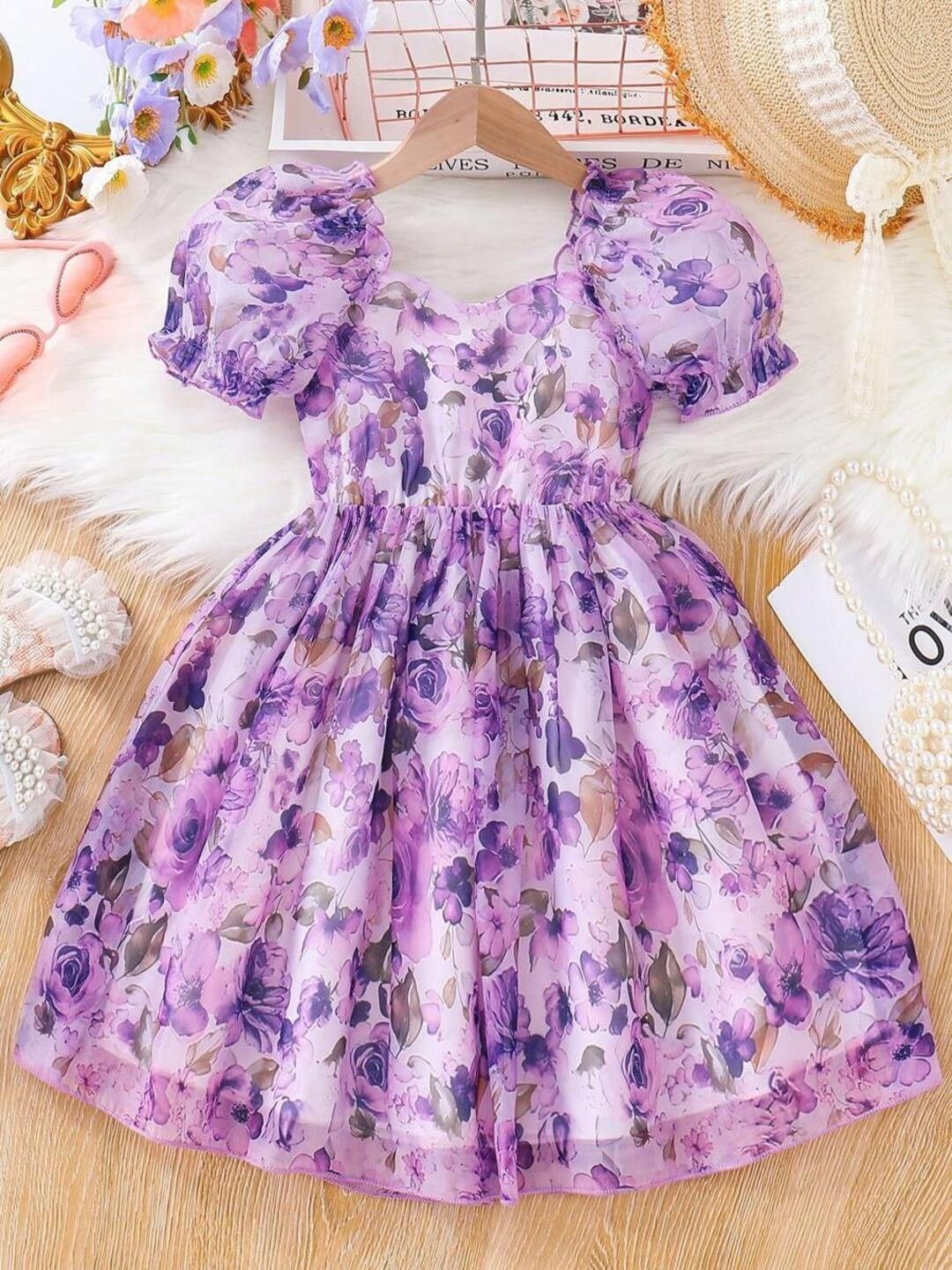 

BAESD Floral Print Georgette Fit & Flare Dress, Purple