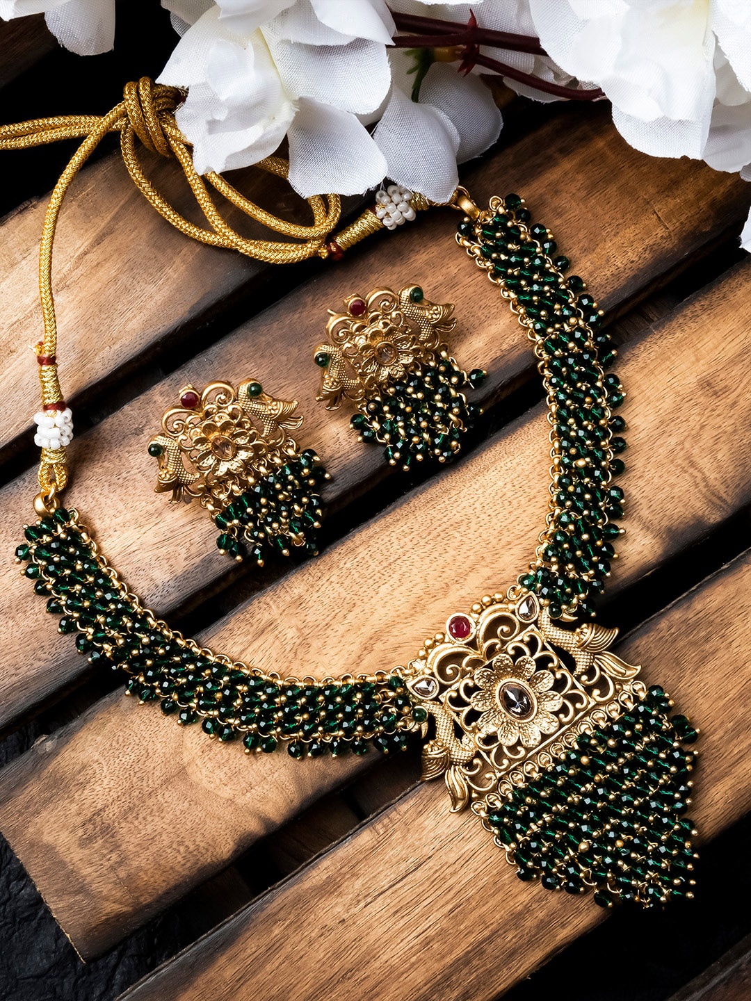 

StileAdda Copper-Plated Artificial Stones Studded & Pearls Beaded Temple Jewellery Set, Gold