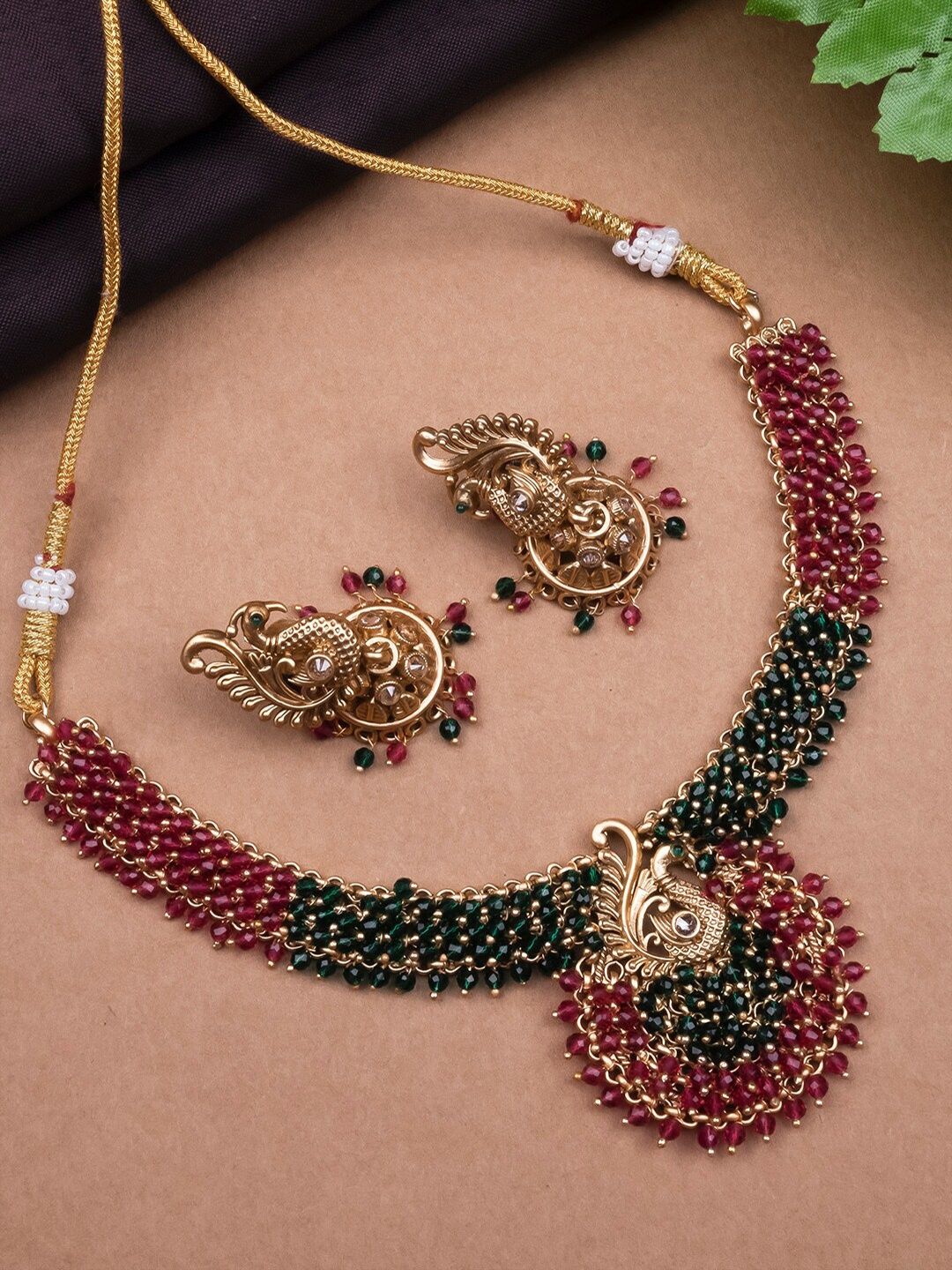 

StileAdda Copper-Plated Artificial Stones Studded & Pearls Beaded Temple Jewellery Set, Gold