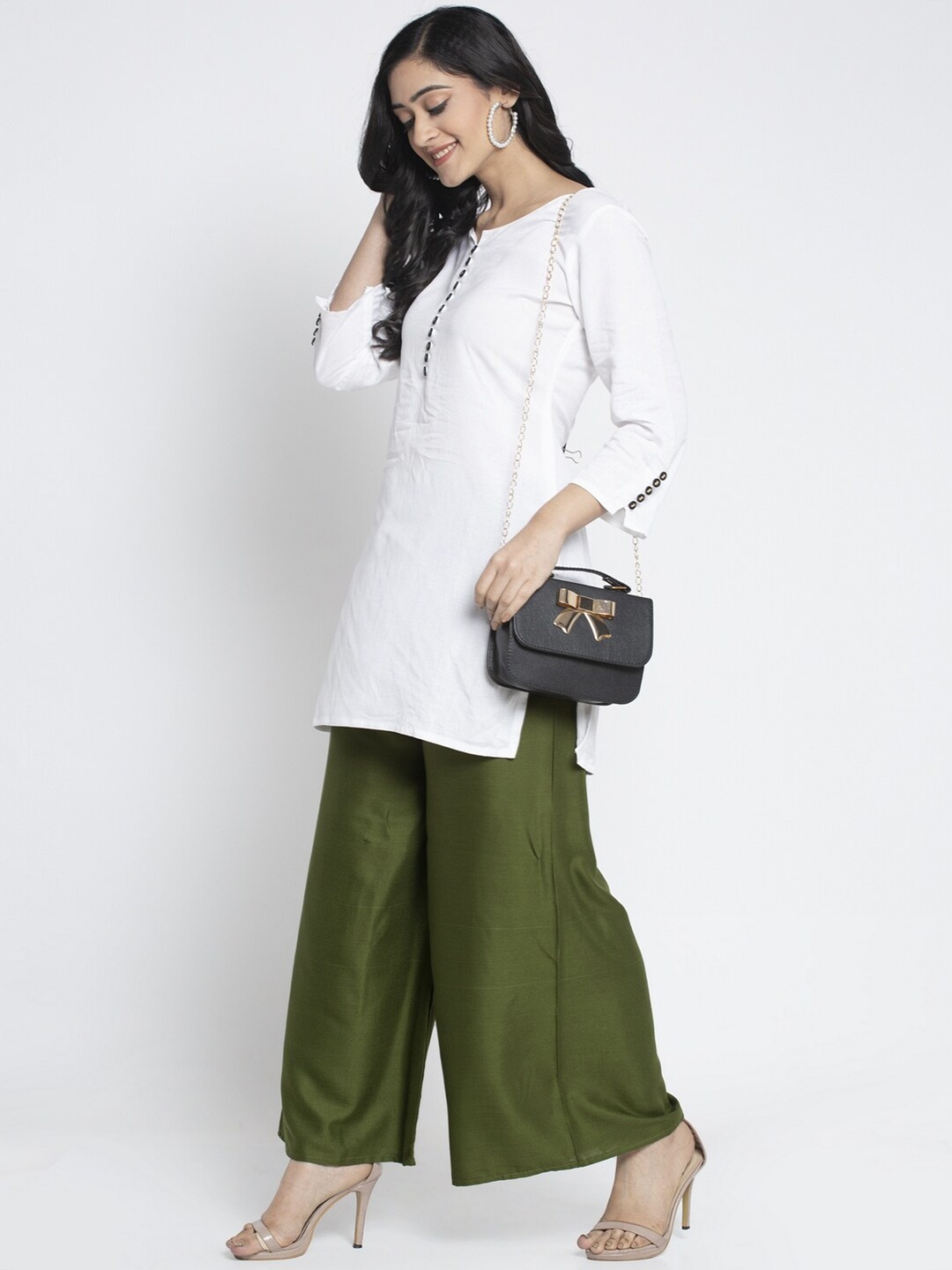 

GRACIT Mid Rise Flared Ethnic Palazzo, Green