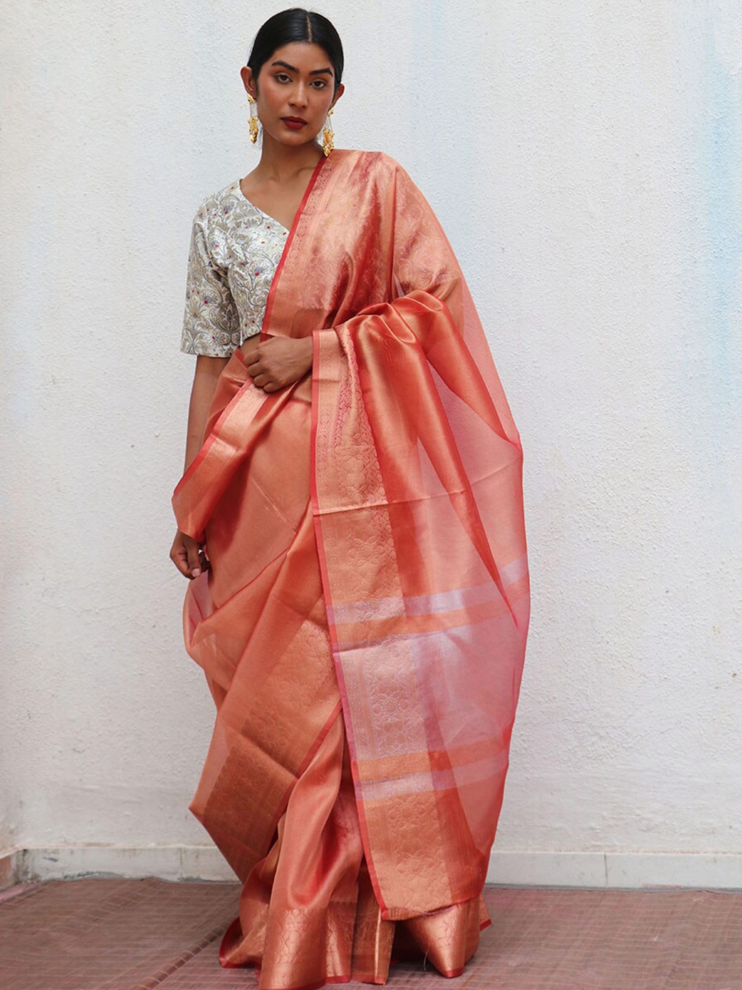 

Chidiyaa Zari Tissue Saree, Peach