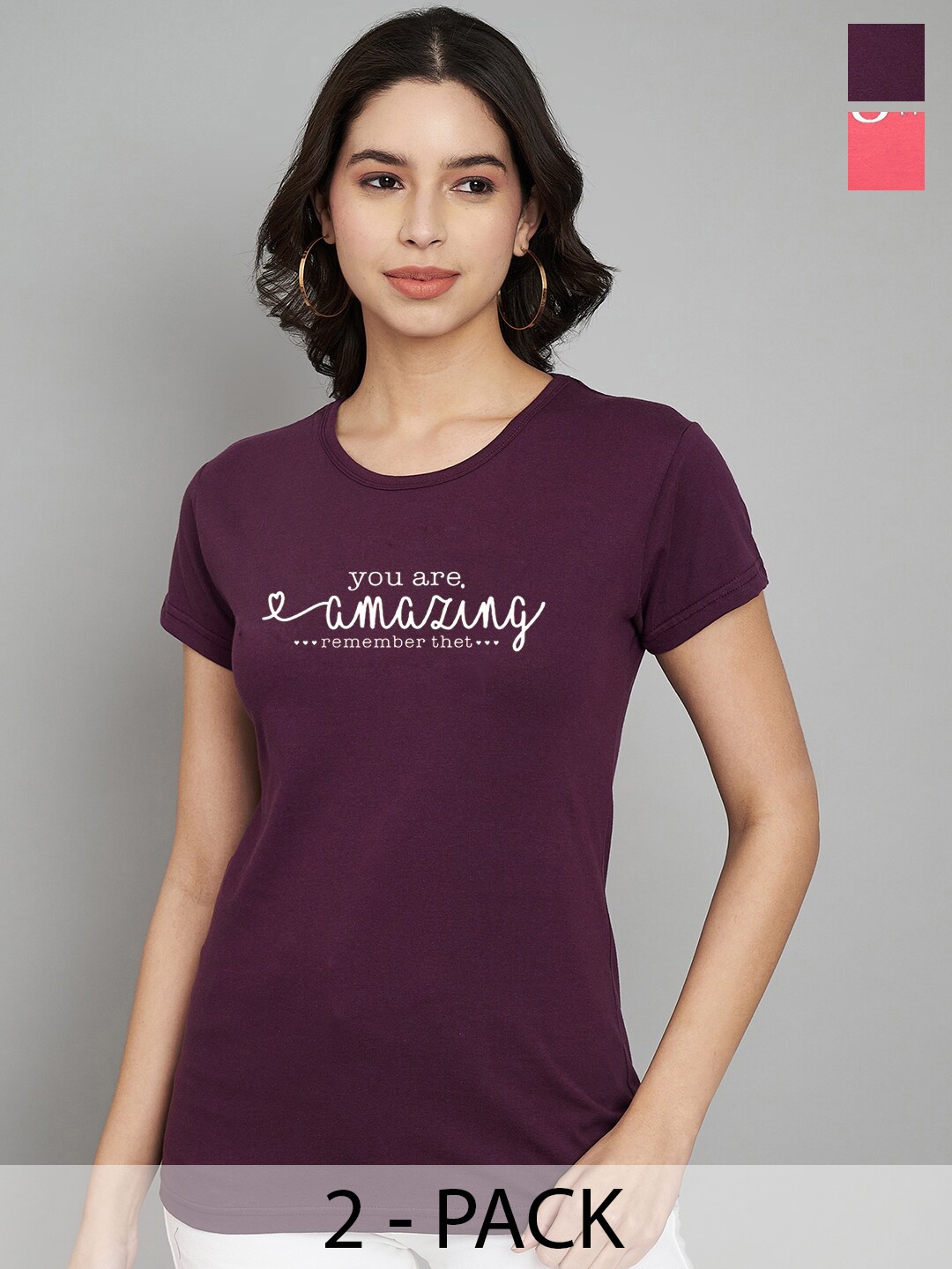 

Trend Level Pack Of 2 Typography Printed Cotton T-shirts, Burgundy