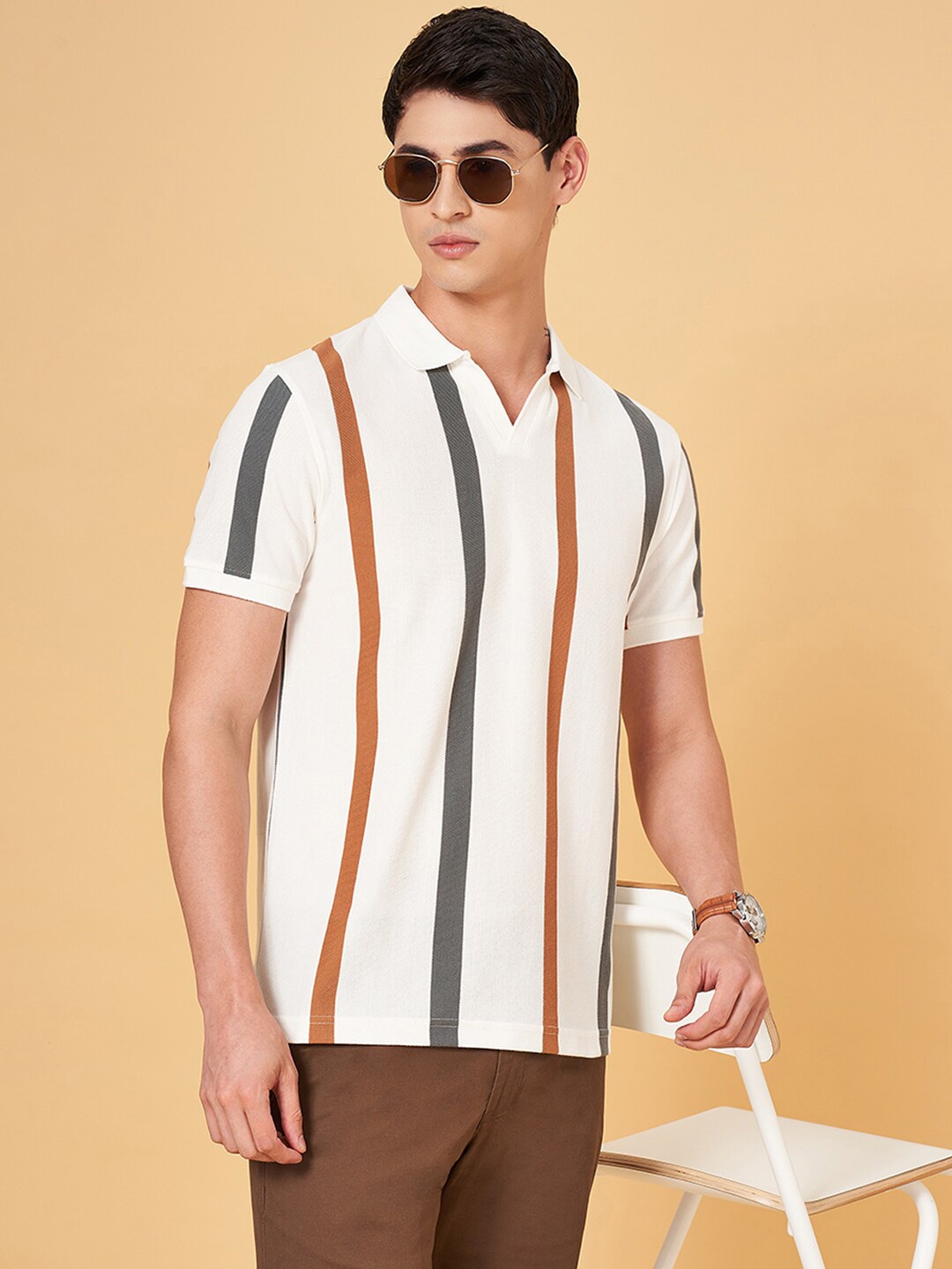 

BYFORD by Pantaloons Men Striped Polo Collar Slim Fit T-shirt, White