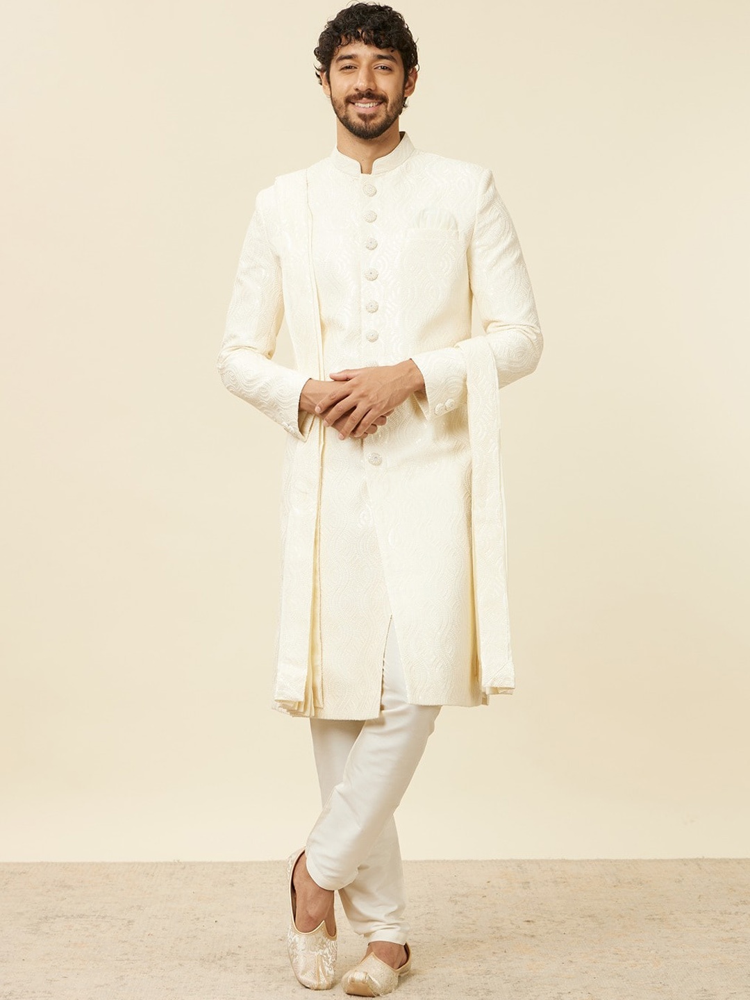 

Manyavar Self-Design Sherwani Set, Cream