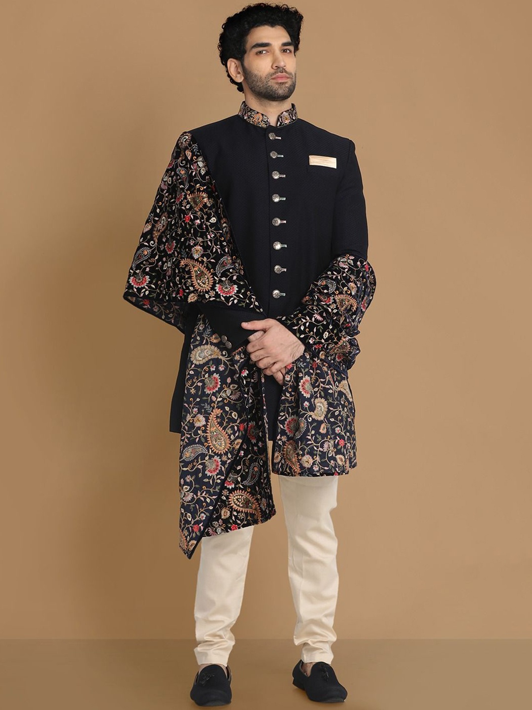 

Manyavar Self-Design Mandarin Collar Sherwani Set, Blue