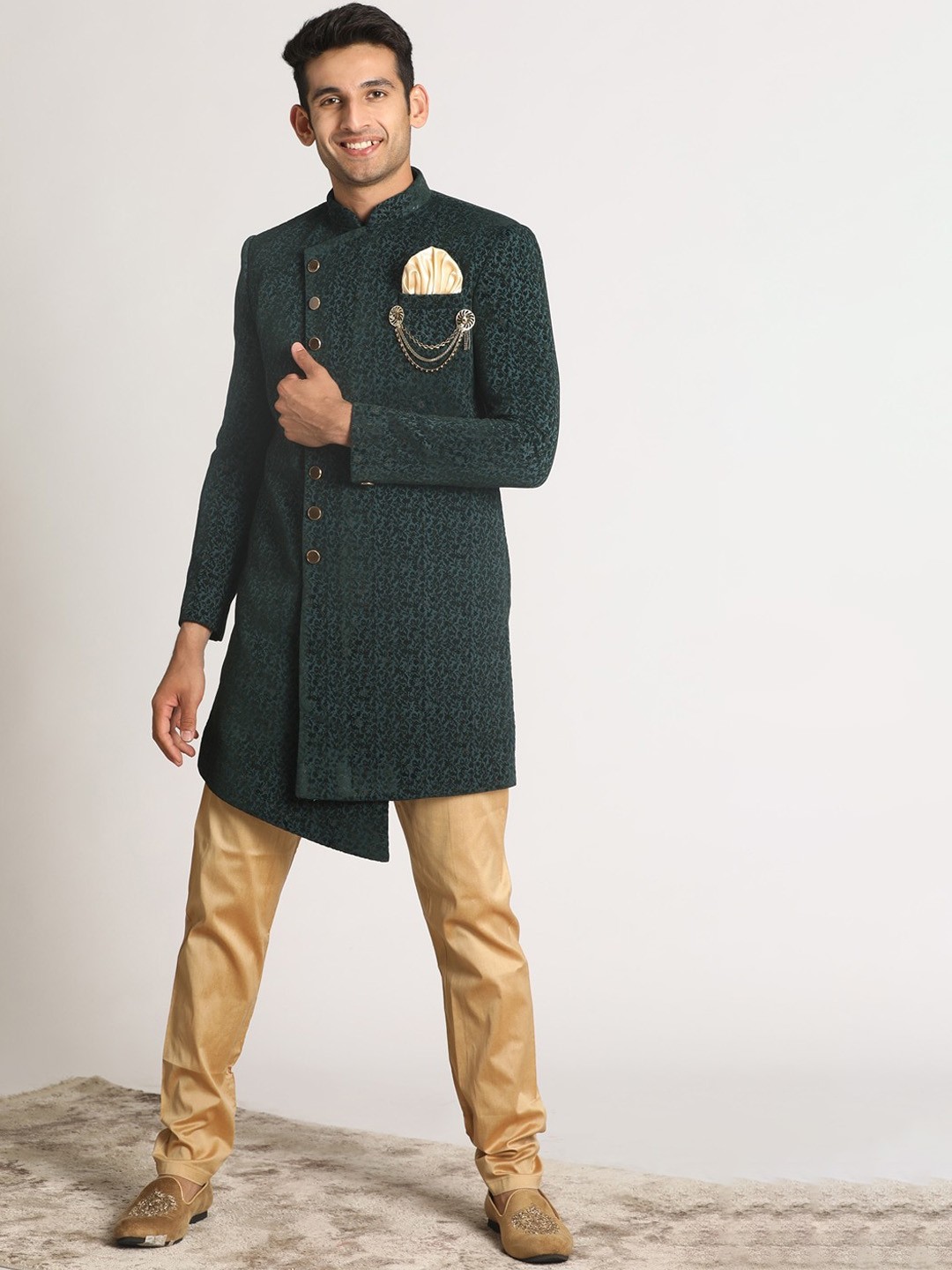 

Manyavar Self-Design Sherwani Set, Green