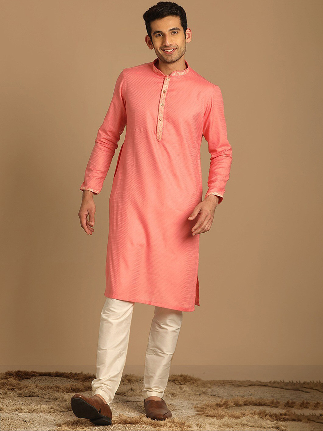 

Manyavar Self Design Mandarin Collar Straight Kurta With Churidar, Coral
