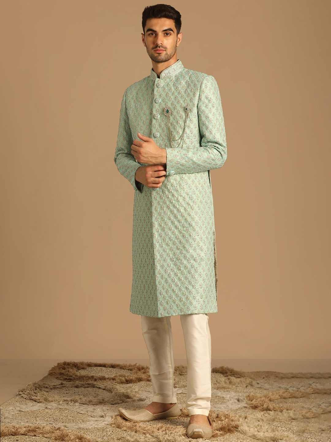 

Manyavar Embroidered Mandarin Collar Sherwani Set, Green