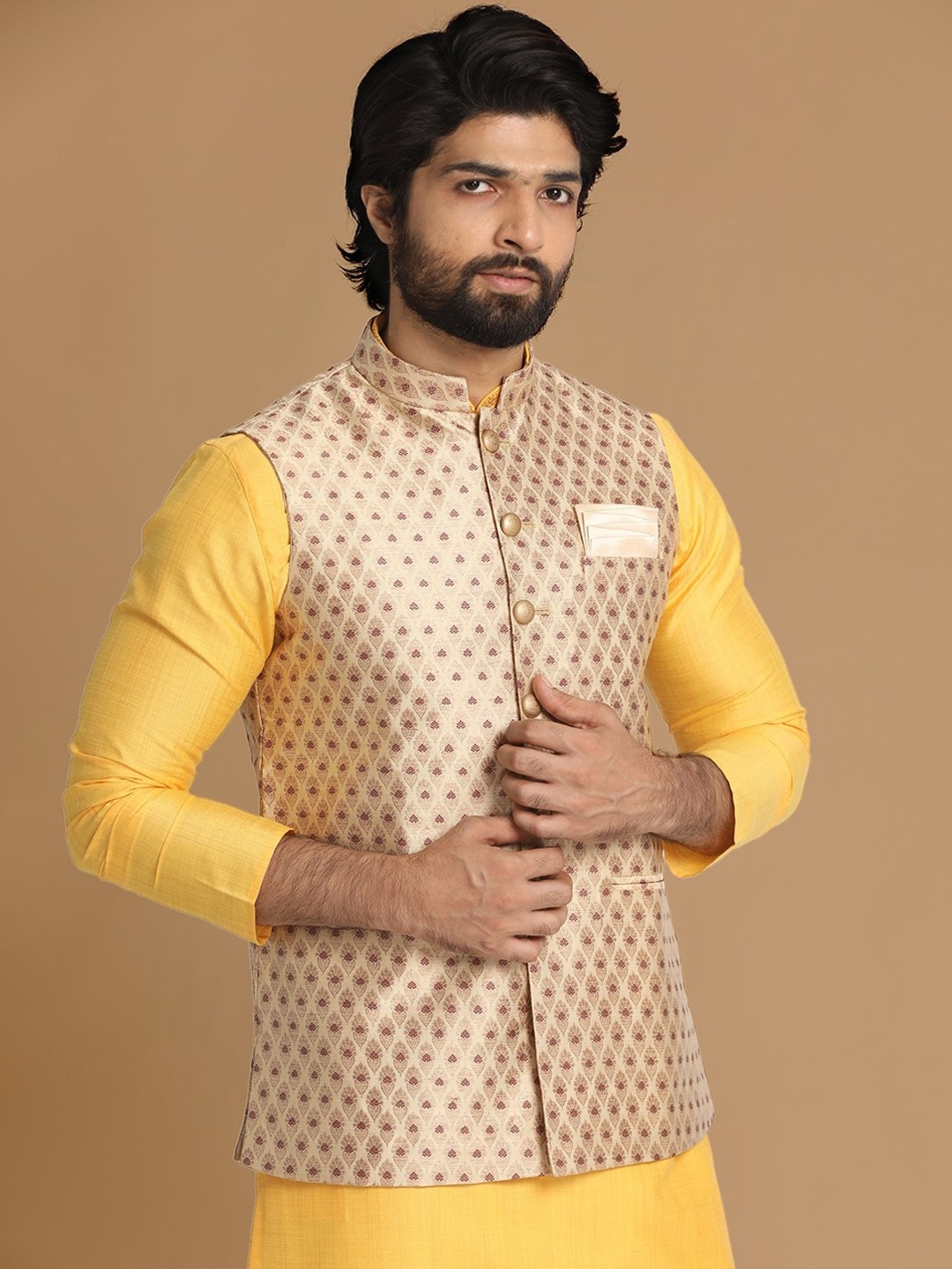 

Manyavar Woven Design Nehru Jackets, Beige