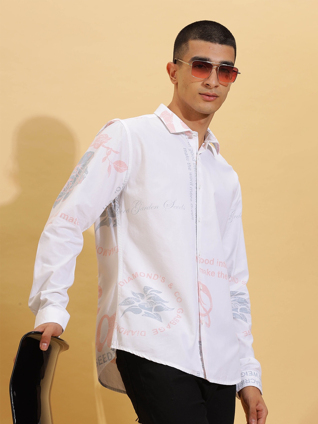 

HERE&NOW Slim Fit Spread Collar Typography Printed Long Sleeves Cotton Casual Shirt, White