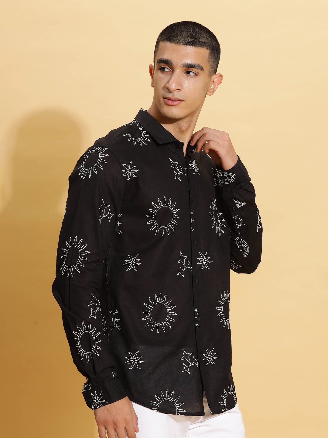 

HERE&NOW Slim Fit Conversational Printed Spread Collar Cotton Shirt, Black