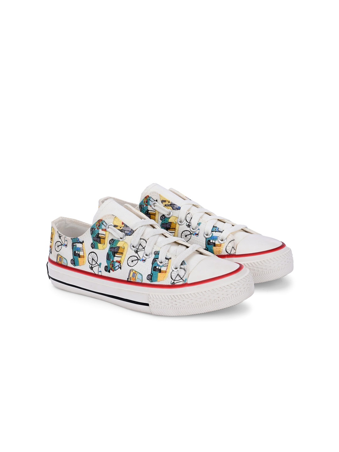 

CROWCIA LONDON Women Printed Slip-On Lightweight Canvas Sneakers, White