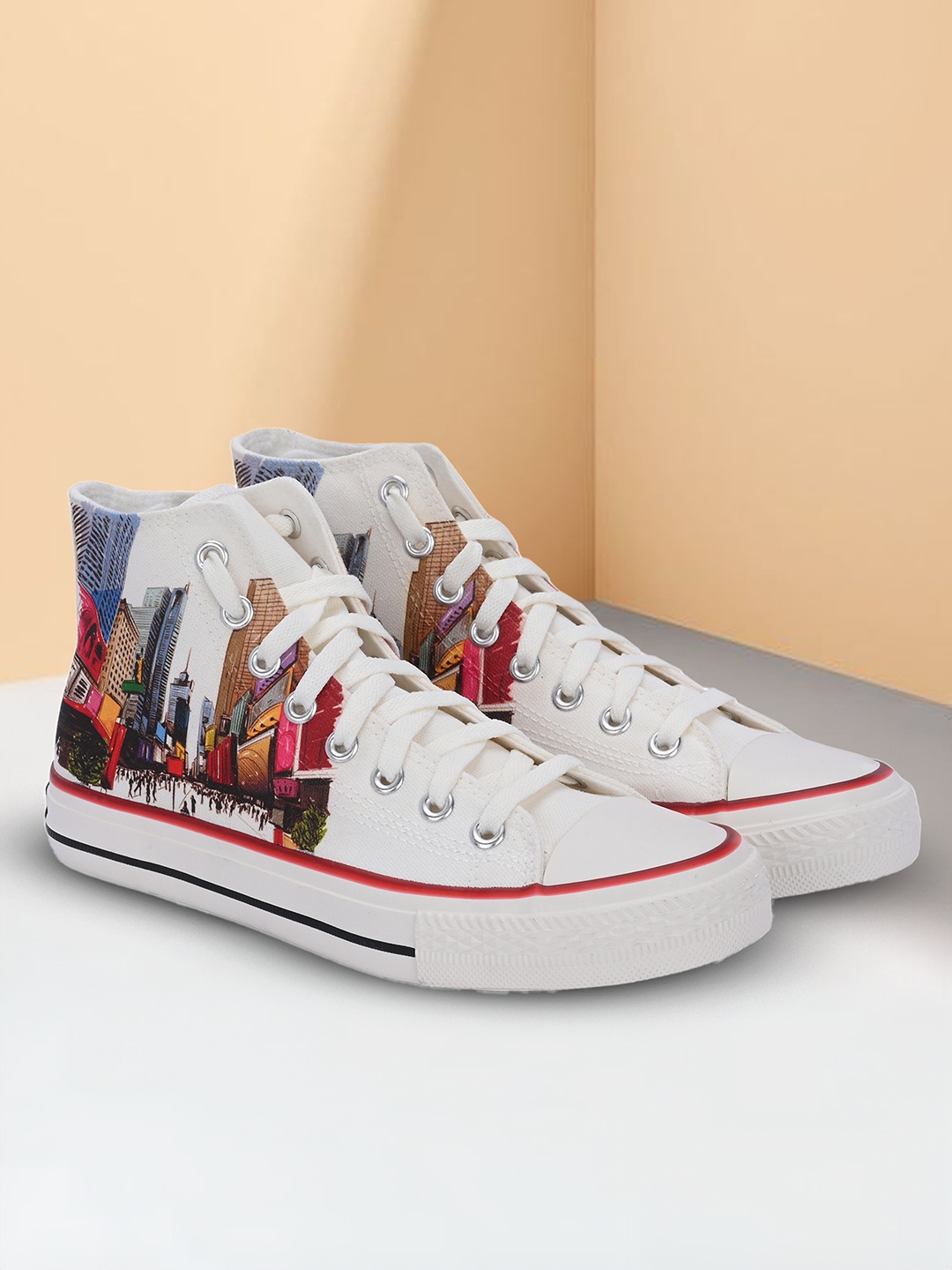 

CROWCIA LONDON Women Printed High-Top Canvas Sneakers, White