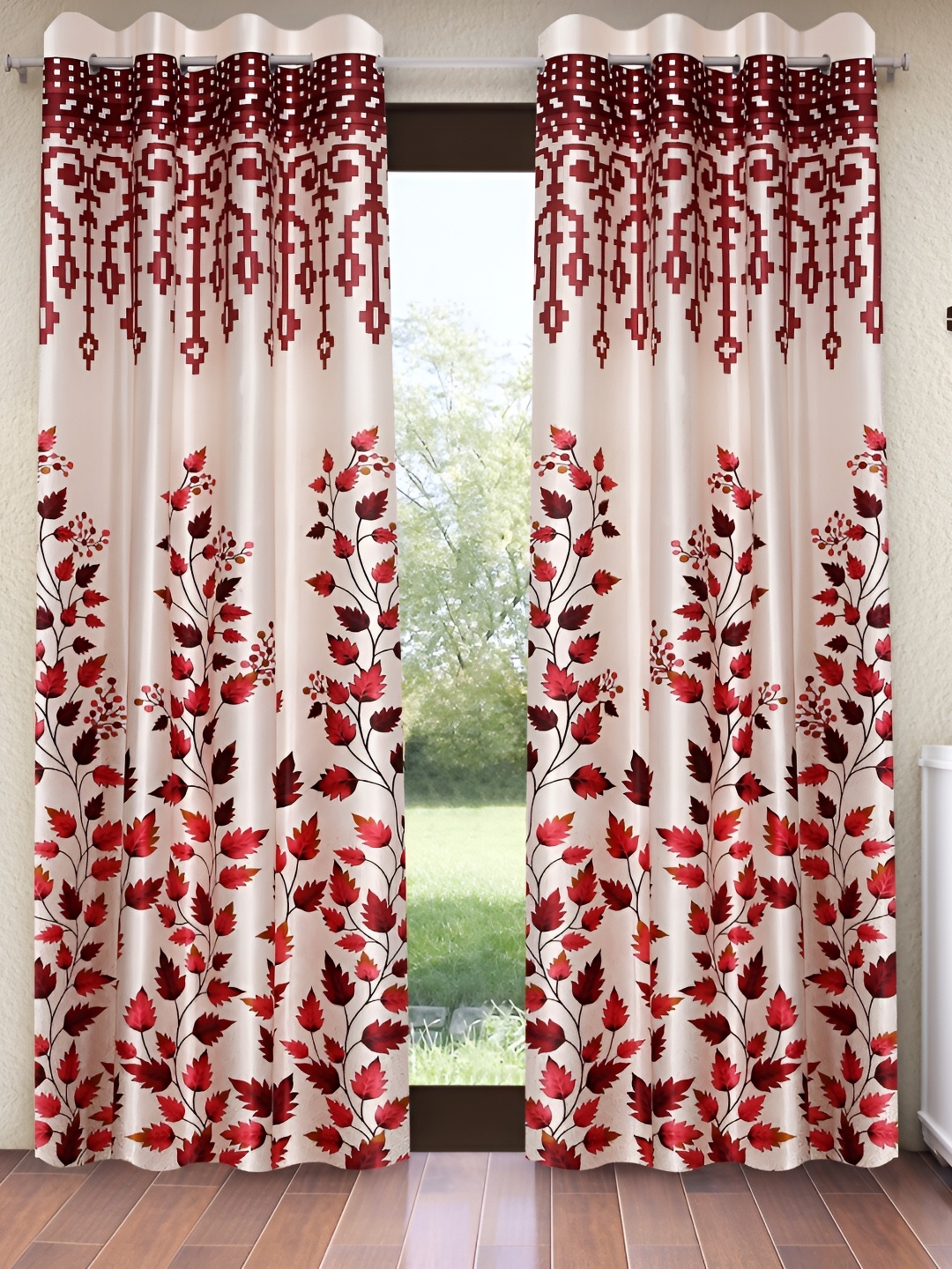 

Home Sizzler Maroon & Beige 2 Pieces Floral Window Curtains