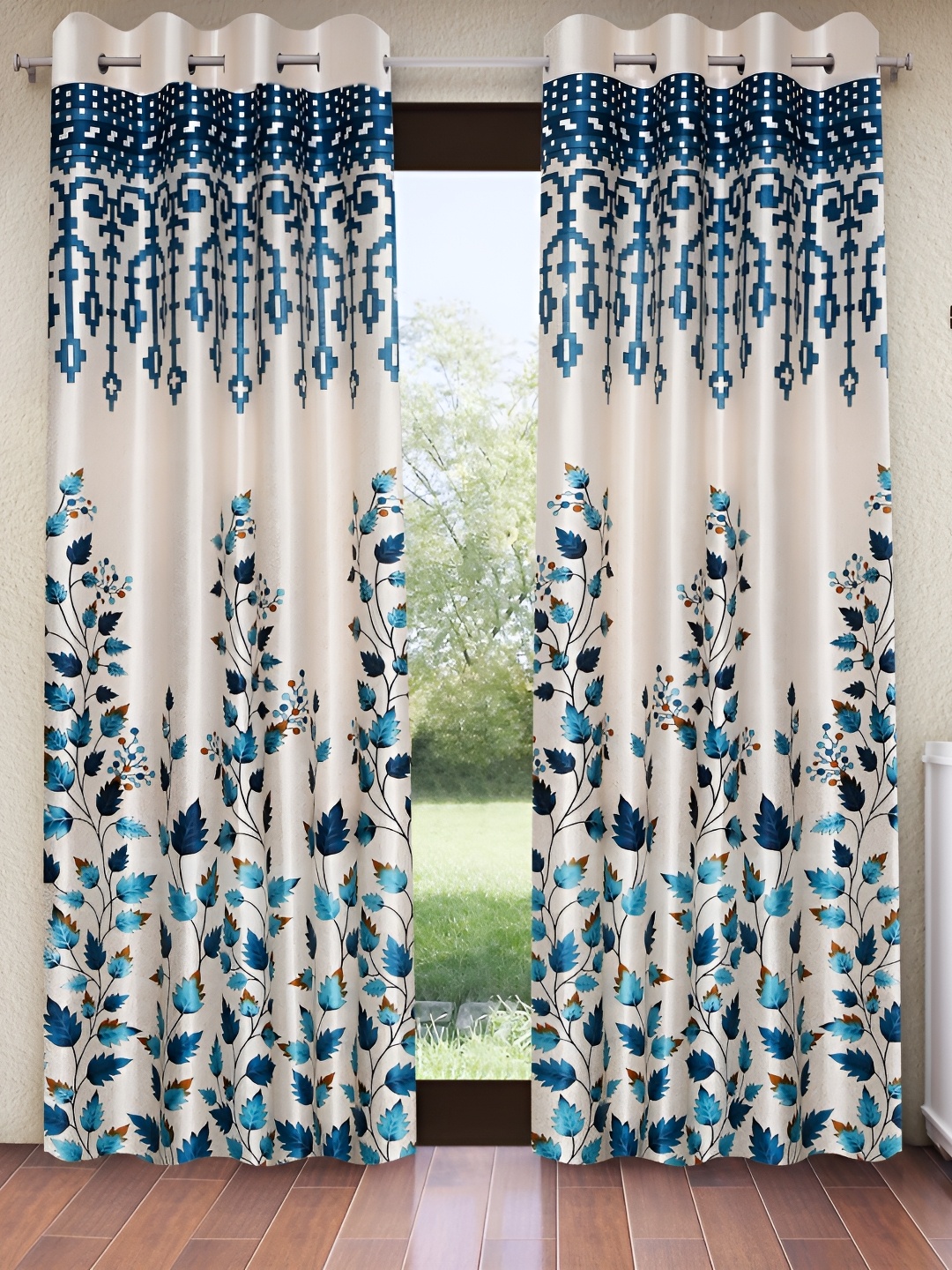 

Home Sizzler Blue & Beige 2 Pieces Floral Window Curtains