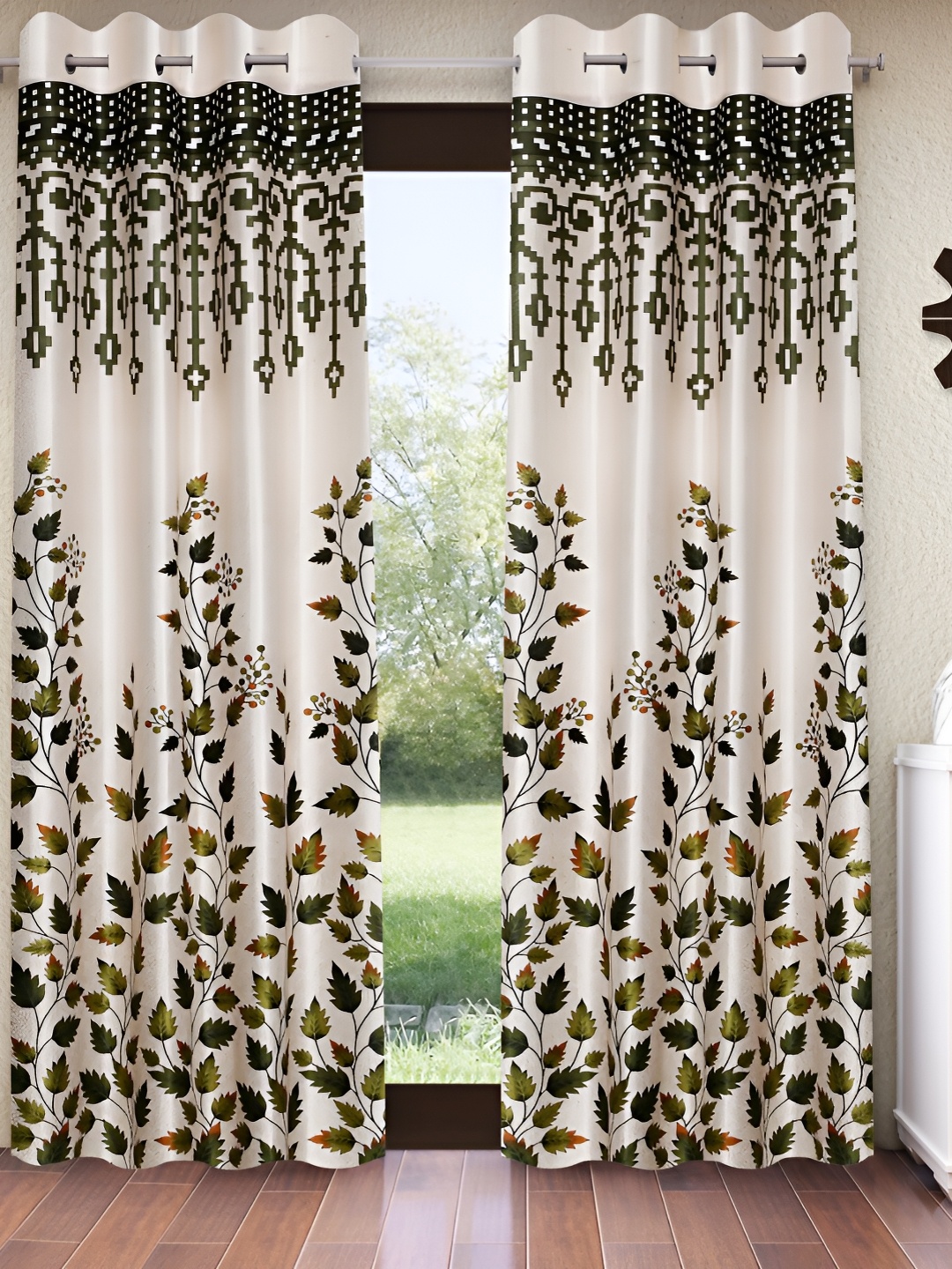 

Home Sizzler Green & Cream 2 Pieces Floral Window Curtains