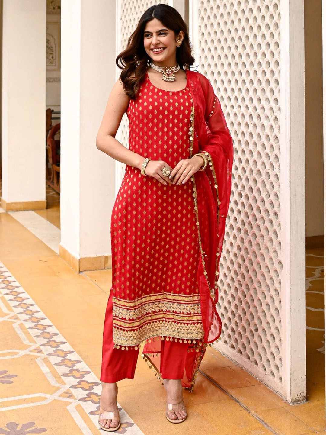 

Urbanstree Ethnic Motifs Printed Regular Gotta Patti Georgette Kurta ,Palazzos & Dupatta, Red
