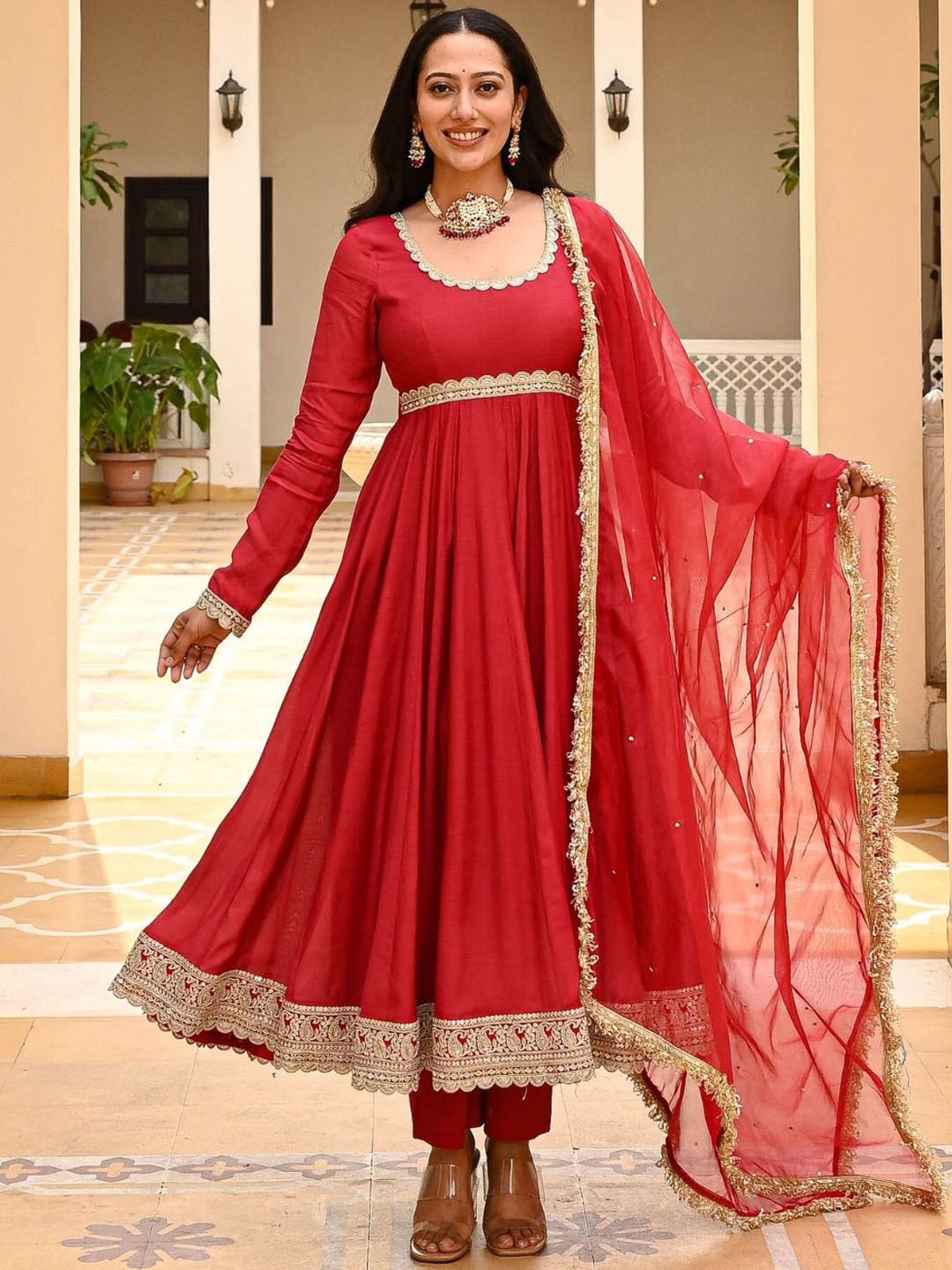 

Urbanstree Anarkali Pleated Gotta Patti Kurta ,Trousers & Dupatta, Red