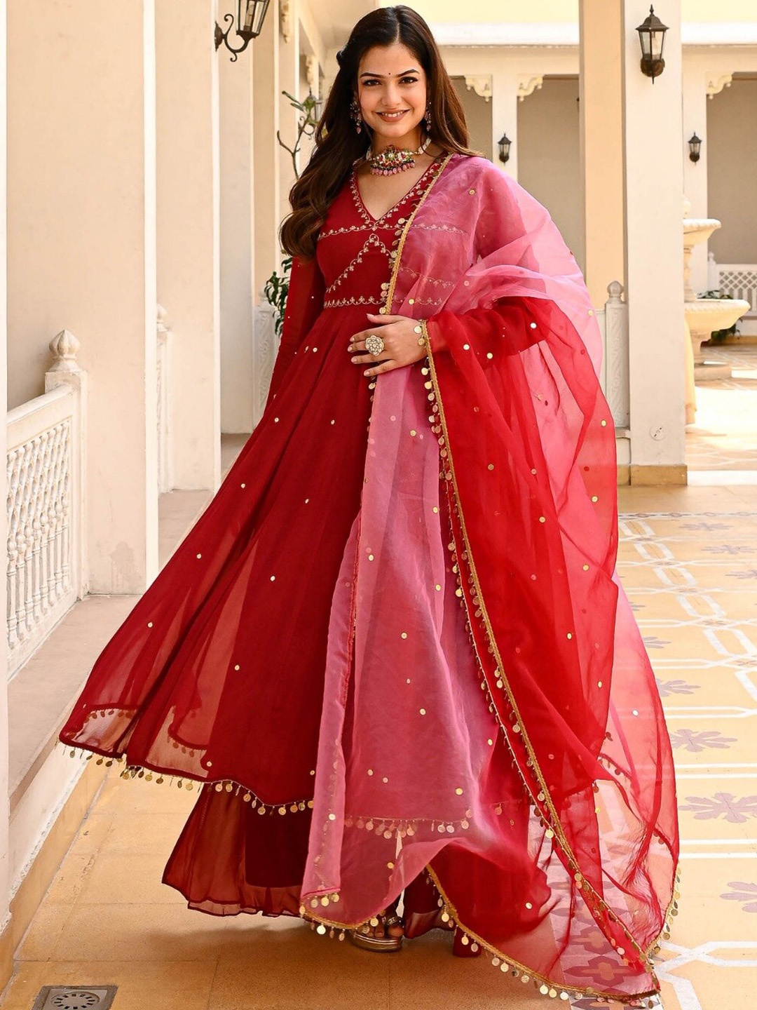 

Urbanstree Ethnic Motifs Embroidered Sequinned Kurta with Palazzo & Dupatta, Rust