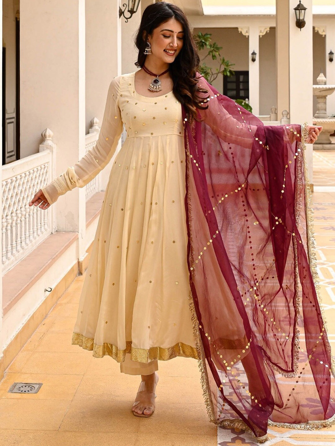 

Urbanstree Embroidered Pleated Sequinned Kurta ,Trousers & Dupatta, Beige
