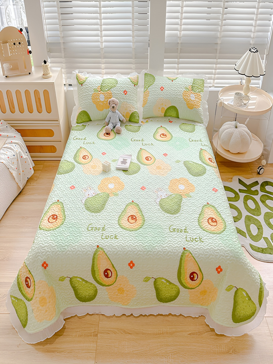 

JC HOME Green & Orange Conversational 128 TC Double Queen Bed Cover & 2 Pillow Covers