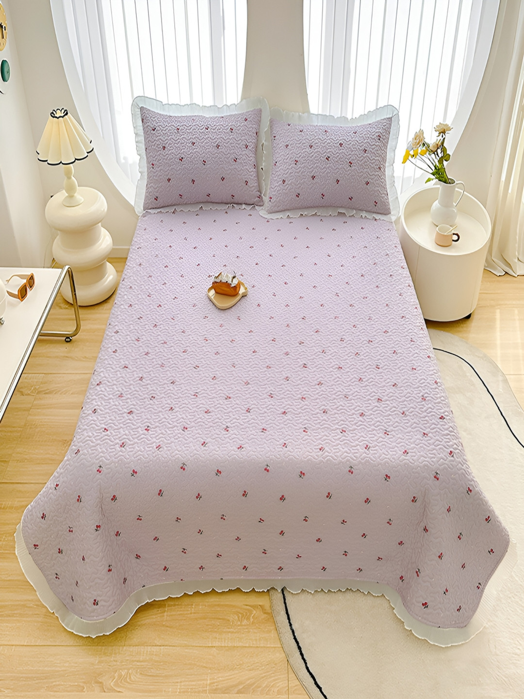 

JC HOME Purple Printed 128 TC Double King Bed Cover With 2 Pillow Covers