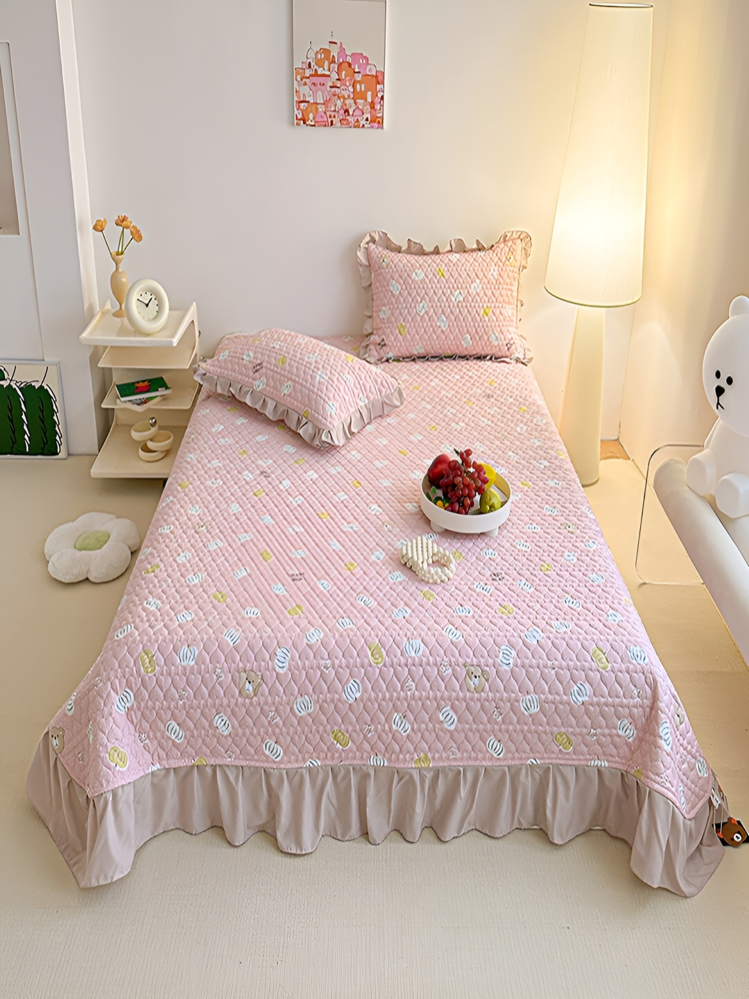 

JC HOME Pink & White Conversational Printed 162 TC Double King Bed Cover & 2 Pillow Covers