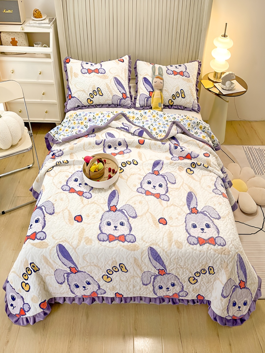 

JC HOME Blue & White Cartoon Characters 162 TC Double King Bed Cover With 2 Pillow Covers