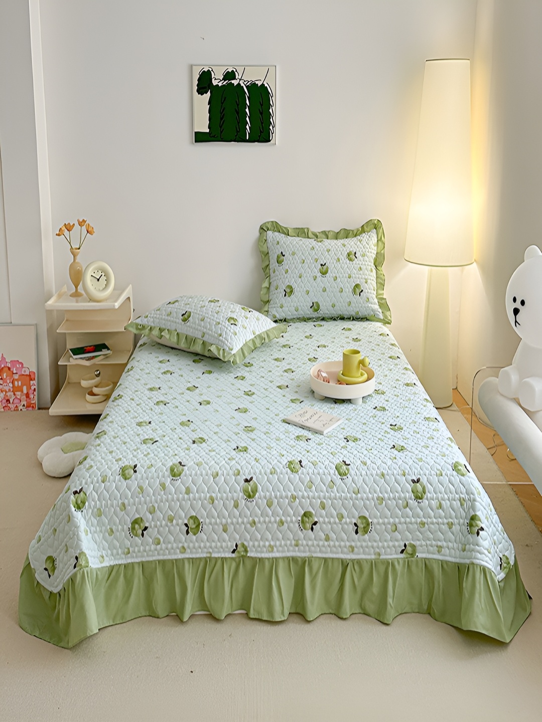 

JC HOME Olive Green & White Abstract 16 2TC Double Queen Bed Cover With 2 Pillow Covers