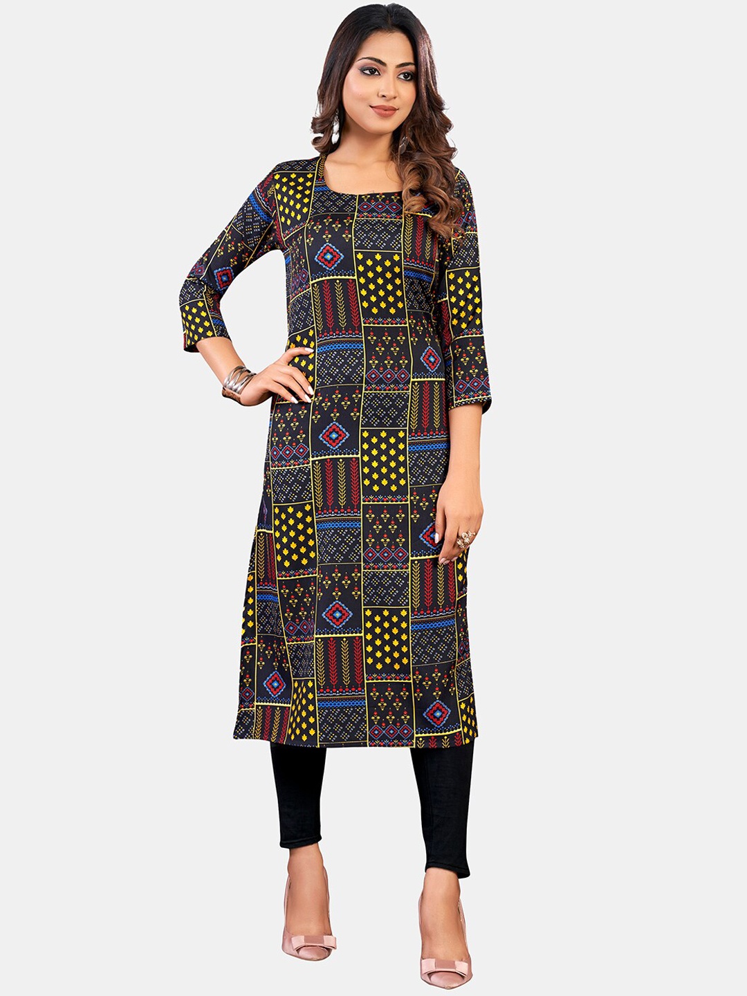 

GRANTH FASHION Geometric Printed Scoop Neck Chiffon Straight Kurta, Black